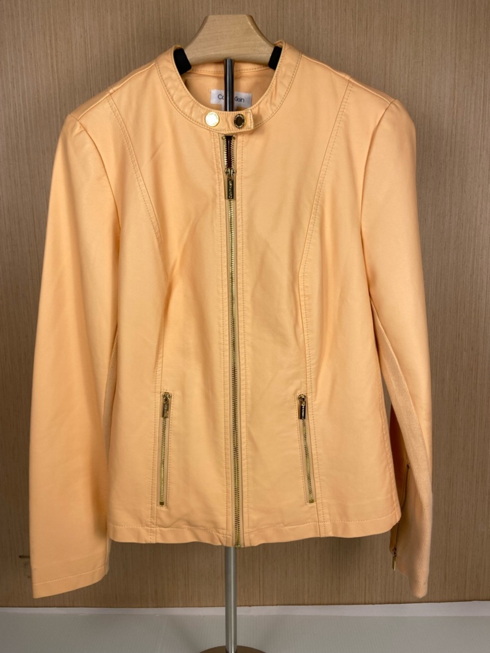 Calvin Klein Peach Faux Leather Moto Jacket Gold Zip Stretch Panels Size S
